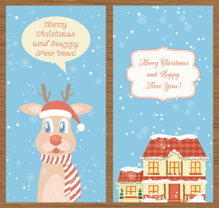 Christmas greeting cards with cute reindeer and snowy cottage.  Merry Christmas and Happy New Year. Vector illustration.のイラスト素材