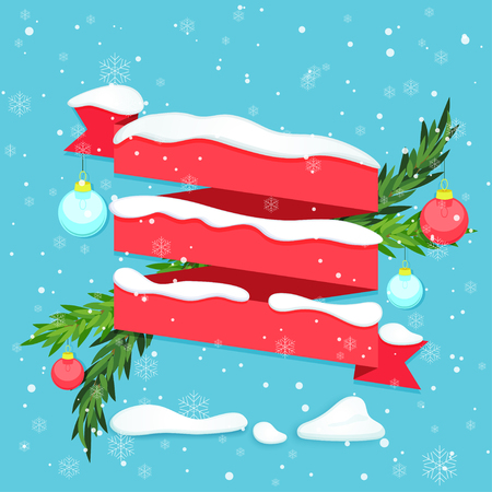 Red ribbon with snow, baubles and fir branches. Vector illustrationのイラスト素材