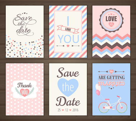 Set of romantic cards collection of six romantic cards. Wedding invitation, thank you card, save the date.のイラスト素材