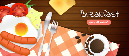 Breakfast time illustration with fried egg, sausages, tomatoes, cheese, fork and knife, toast, cup of coffee, red checkered tablecloth on wooden table. Wooden background.のイラスト素材