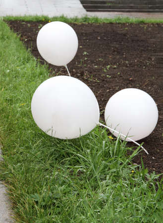 white balloons on white sticks stuck in the ground in a flower bed without flowers after rain. thrown balls after the holidayの写真素材