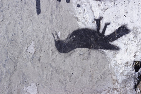 A gray concrete surface with a painting of a black crow の写真素材