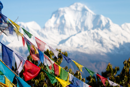 Buddhist prayer flags in the Himalaya mountains, Annapurna Base Camp Area, in Nepal.の写真素材