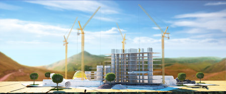 Construction layout with blueprints on table and blur backgroundの写真素材