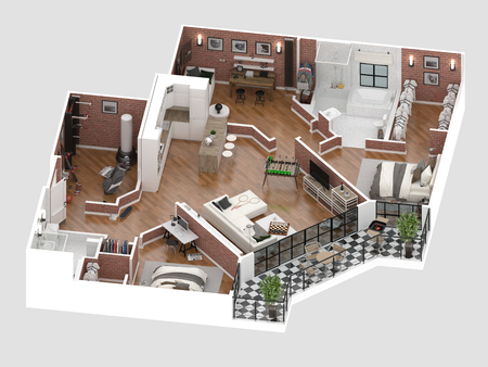 Floor plan of a house top view 3D illustration. Open concept living apartment layoutの写真素材