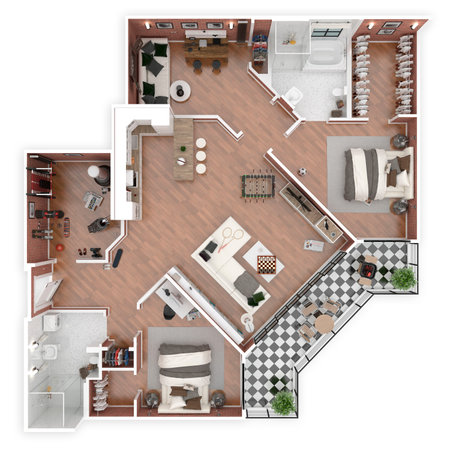 Floor plan of a house top view 3D illustration. Open concept living apartment layout