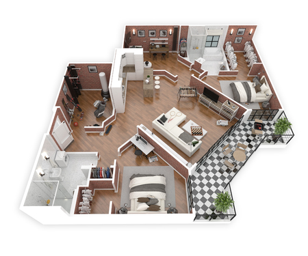 Floor plan of a house top view 3D illustration. Open concept living apartment layoutの写真素材