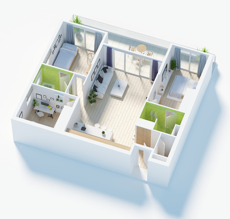 Floor plan of a house top view 3D illustration. Open concept living apartment layoutの写真素材