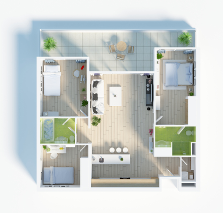Floor plan of a house top view 3D illustration. Open concept living apartment layoutの写真素材