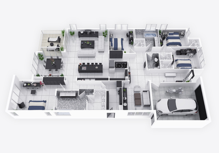 Floor plan of a house top view 3D illustration. Open concept living apartment layoutの写真素材