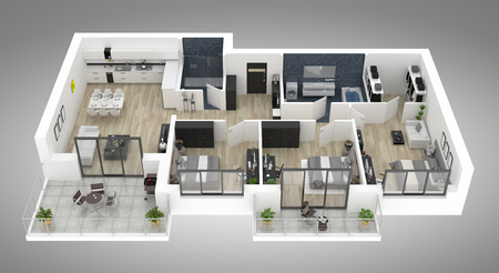 Floor plan of a house top view 3D illustration. Open concept living appartment layoutの写真素材