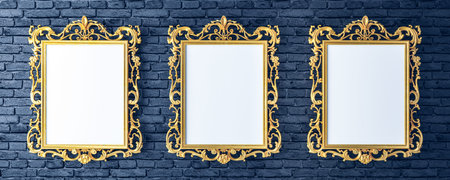 Canvas with vintage golden frames on brick wall of the gallery 3d render