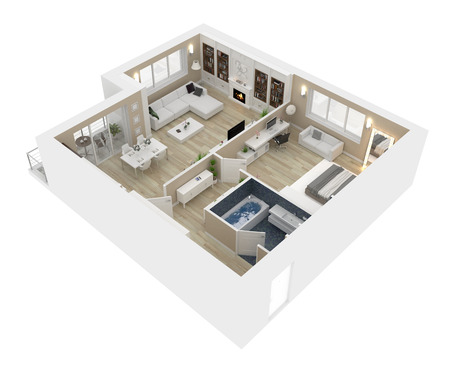 Floor plan of a house top view 3D illustration. Open concept living appartment layoutの写真素材