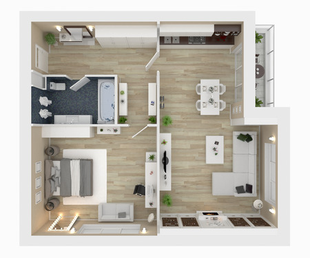 Floor plan of a house top view 3D illustration. Open concept living appartment layoutの写真素材