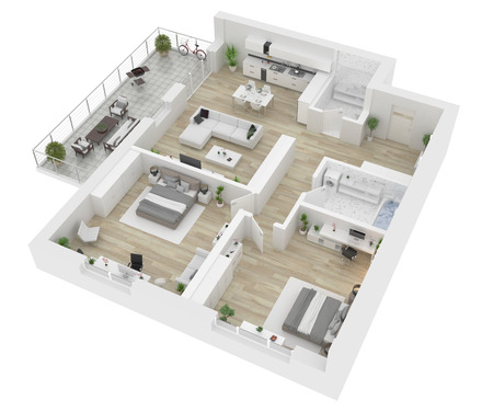 Floor plan top view. Apartment interior isolated on white background. 3D renderの写真素材