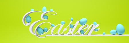 Easter text with pastel eggs on green background 3d illustrationの写真素材