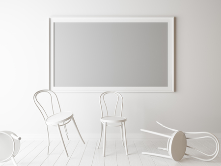 White chairs and empty frame in a room. 3d rendering,unemployment mock upの写真素材
