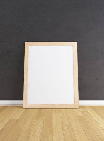 Wooden Frame with Poster Mockup standing on the wooden floor