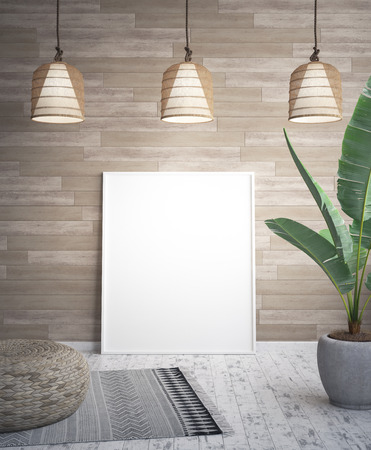 Mock up poster frame in tropical interior background, 3D renderの写真素材