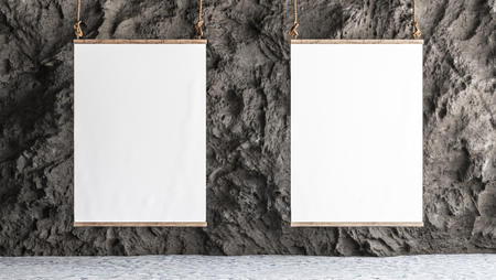 Two Canvas hanged in the gallery with rock wall interior, 3d renderの写真素材