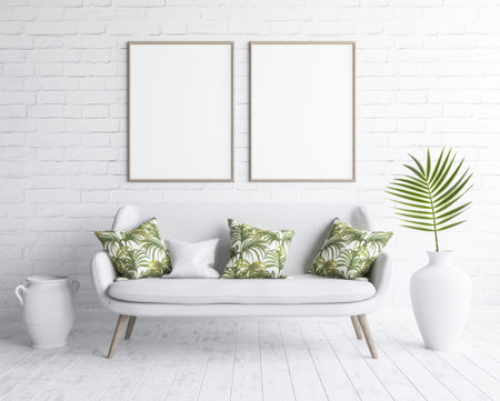 Mock up frames in living room interior with white sofa on white brick wall, Scandinavian style, 3D...