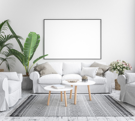 Mock up poster frame interior background, scandinavian style, 3D renderの写真素材