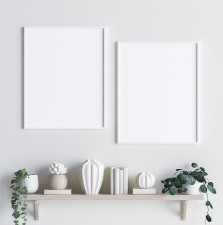 Mock up poster frame in interior background with decor on shelf, 3d render