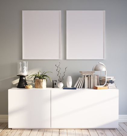 Poster mock-up in living room interior, 3d renderの写真素材