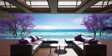 Ocean villa, luxury house with pool and sea view, 3d render