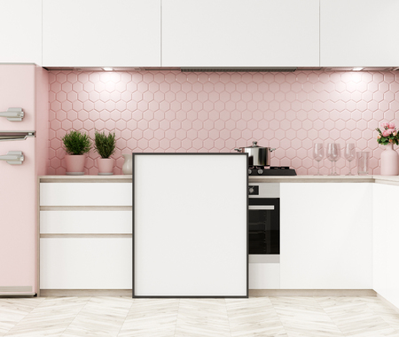 Mock up poster frame in kitchen interior, 3d renderの写真素材