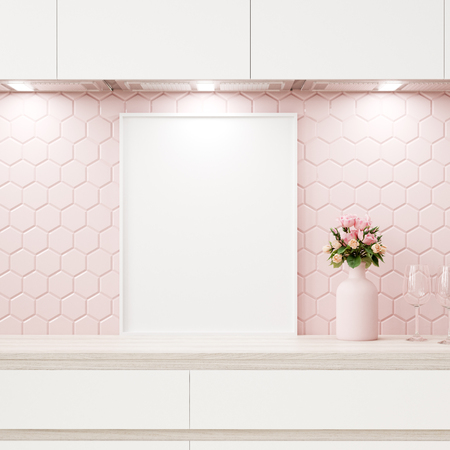 Mock up poster frame in pastel pink kitchen interior, 3d renderの写真素材