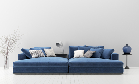 Modern living room interior with blue sofa, wall mock up, 3d renderの写真素材