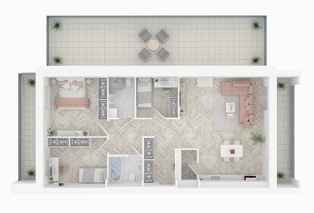 Floor plan of a home top view 3D illustration. Open concept living apartment layout
