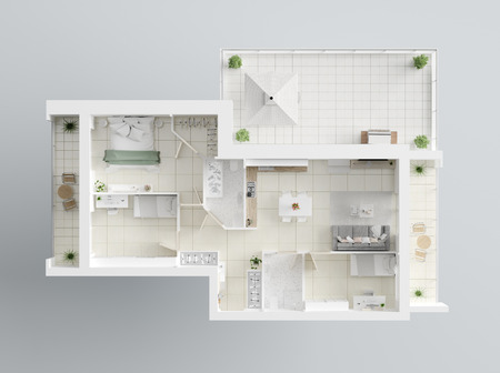 3D Floor plan of a home, 3D illustration. Open concept living apartment layoutの写真素材