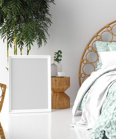 Mock up poster in tropical bedroom interior, 3d renderの写真素材