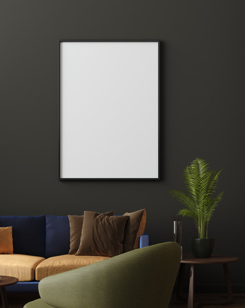 Mock up poster in luxury modern living room interior, dark green brown wall, modern sofa and plants, 3d renderの写真素材