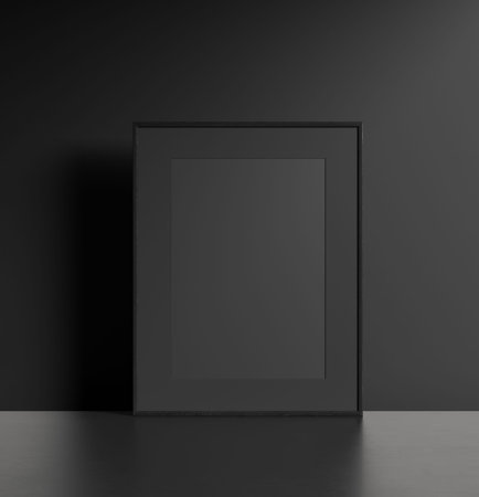 Modern dark interior with black picture frame, 3d render