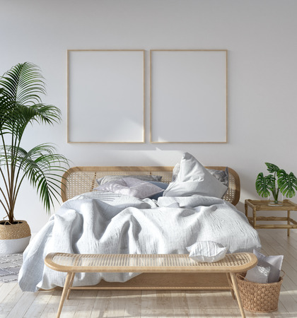 Mock-up poster frame in Scandinavian bedroom, Bohemian style, 3d render