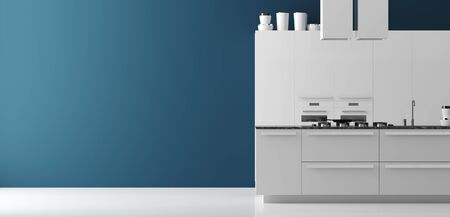 Contemporary kitchen interior panoramic view, wall mock up, modern style, 3d renderの写真素材