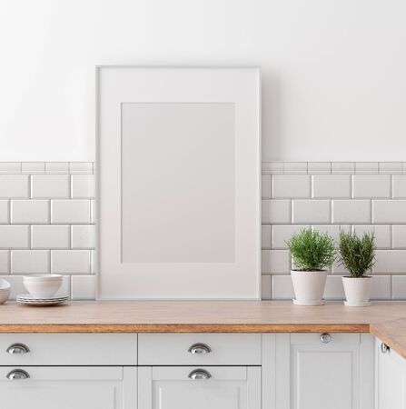 Mock up poster frame in kitchen interior, Scandinavian style, 3d renderの写真素材