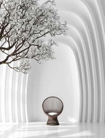 Futuristic interior background with armchair and blossom tree, 3d renderの写真素材