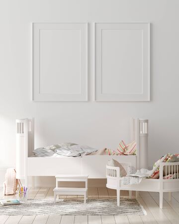 Mock up poster frame in children bedroom interior background, Scandinavian style, 3D renderの写真素材