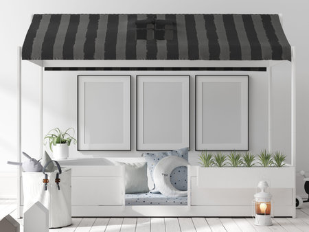Mock up poster, wall in children bedroom interior background, Scandinavian style, 3D render
