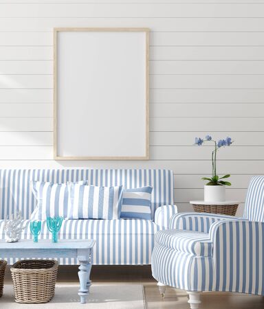 Mock up frame in home interior background, coastal style living room with marine decor, 3d renderの写真素材