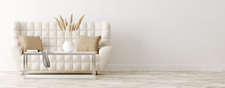 Luxury sofa in classic style living room interior, panoramic view, 3d render