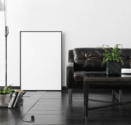Poster, wall mockup in interior background with dark furniture, industrial style, 3d renderの写真素材