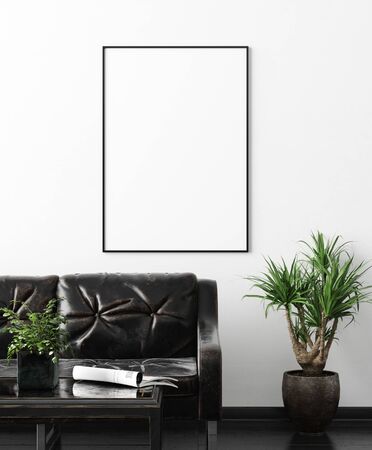 Poster, wall mockup in interior background with dark furniture, industrial style, 3d renderの写真素材