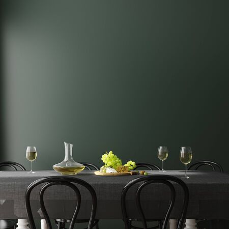Poster, wall mock up in dark green dining room interior, 3d renderの写真素材