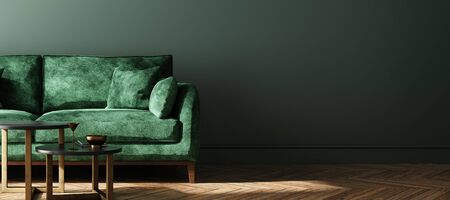 Modern dark green home interior background, wall mock up, 3d renderの写真素材