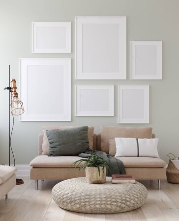 Mock up posters frames in Nordic interior background, 3d renderの写真素材